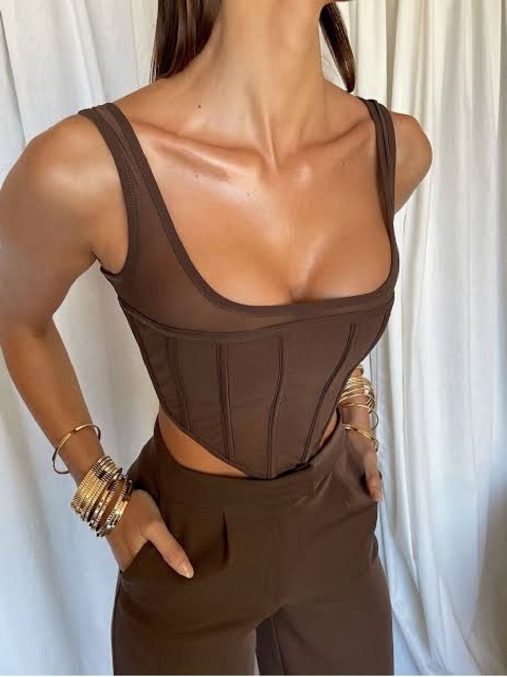Meshki Delaney Brown Sculpted Mesh Corset Tank Top